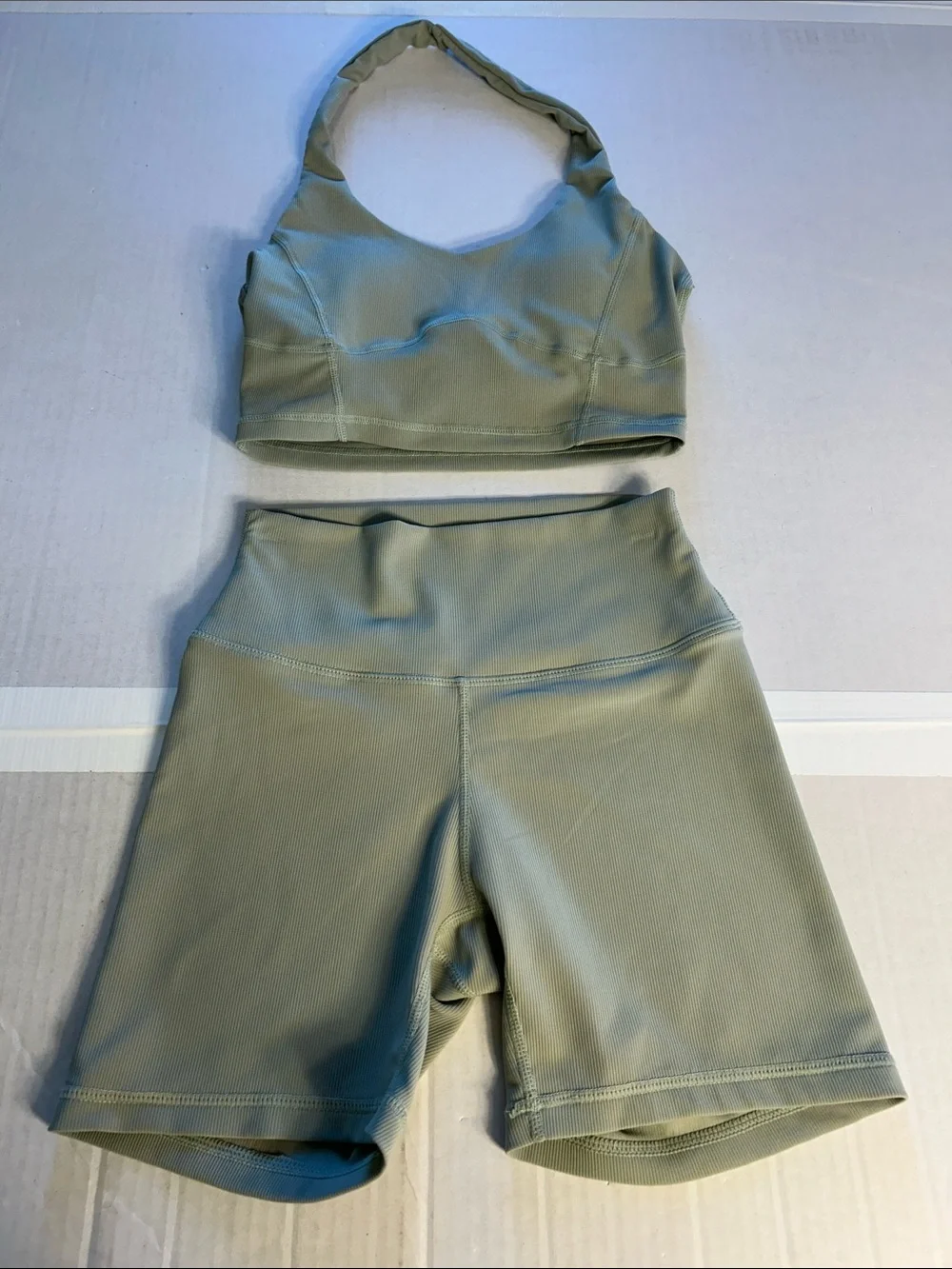 Wilo Ribbed Halter Sport Bra  High Waist Shorts Sage Green Workout Set. Sz XS